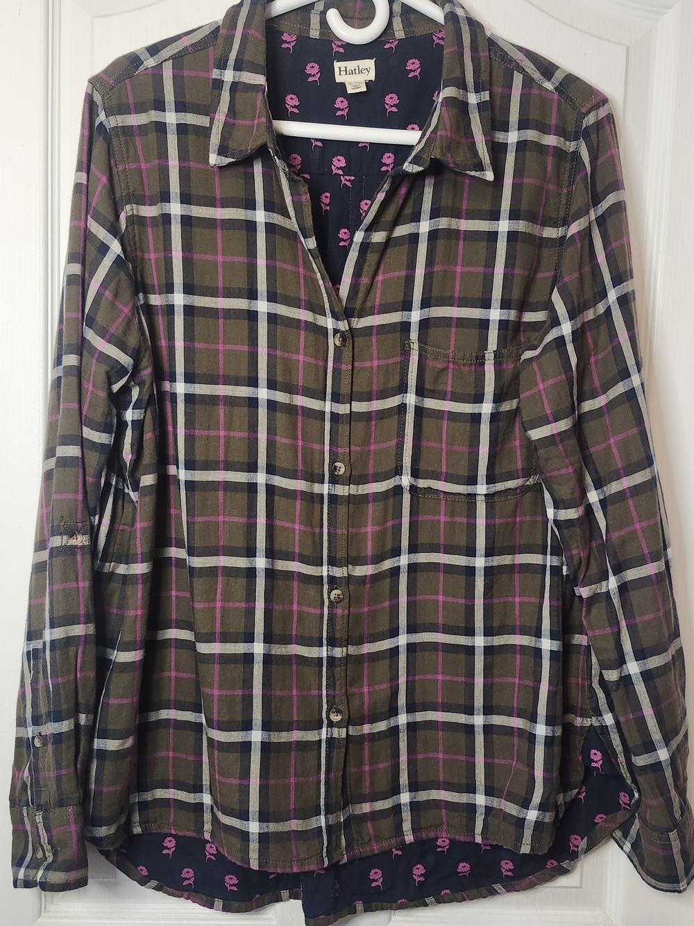 Hatley Olive and Navy Plaid Shirt with Pink Floral Lining